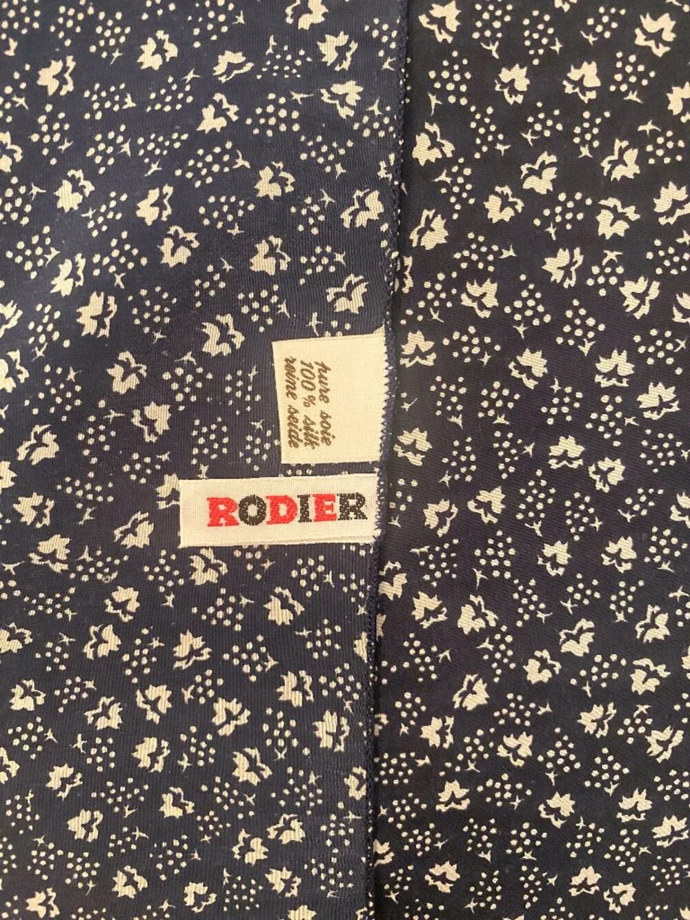 Vintage Rodier Navy Blue Floral Silk Scarf + Matching Neckerchief Pocket Square
